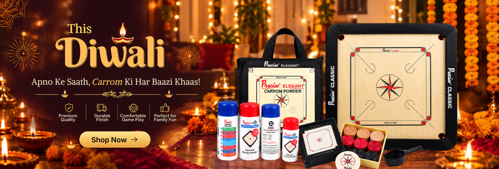 Precise Sports Diwali Banner featuring carrom boards, carrom powder, and accessories with traditional Diwali decorations and festive lights